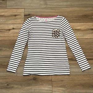 Women's Boden Benton Pocket T Shirt SZ 4 Striped Leopard Print Cotton L/S